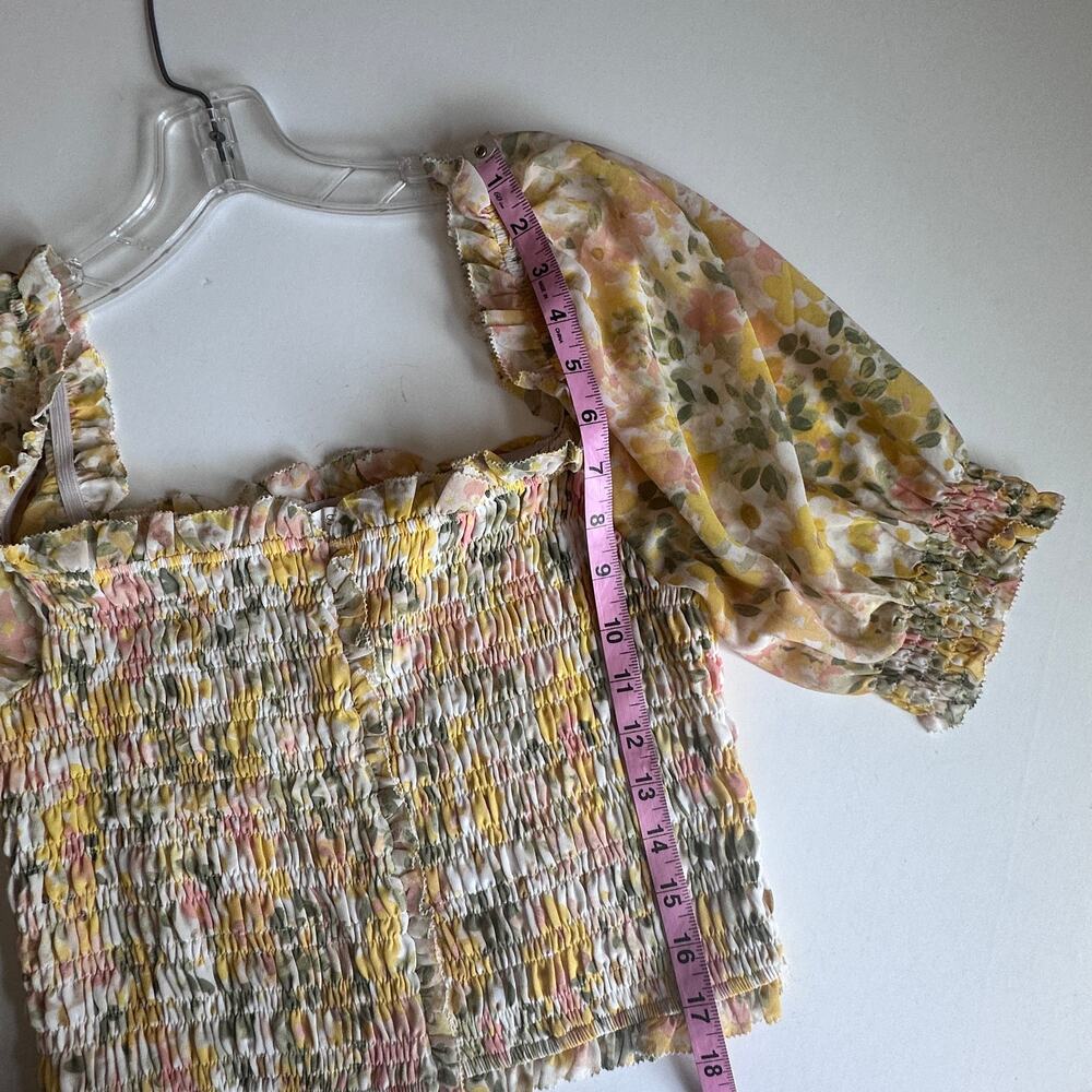 Astr Pastel Floral Smocked Square-Neck Blouse in Yellow and Pink - Picture 8 of 9